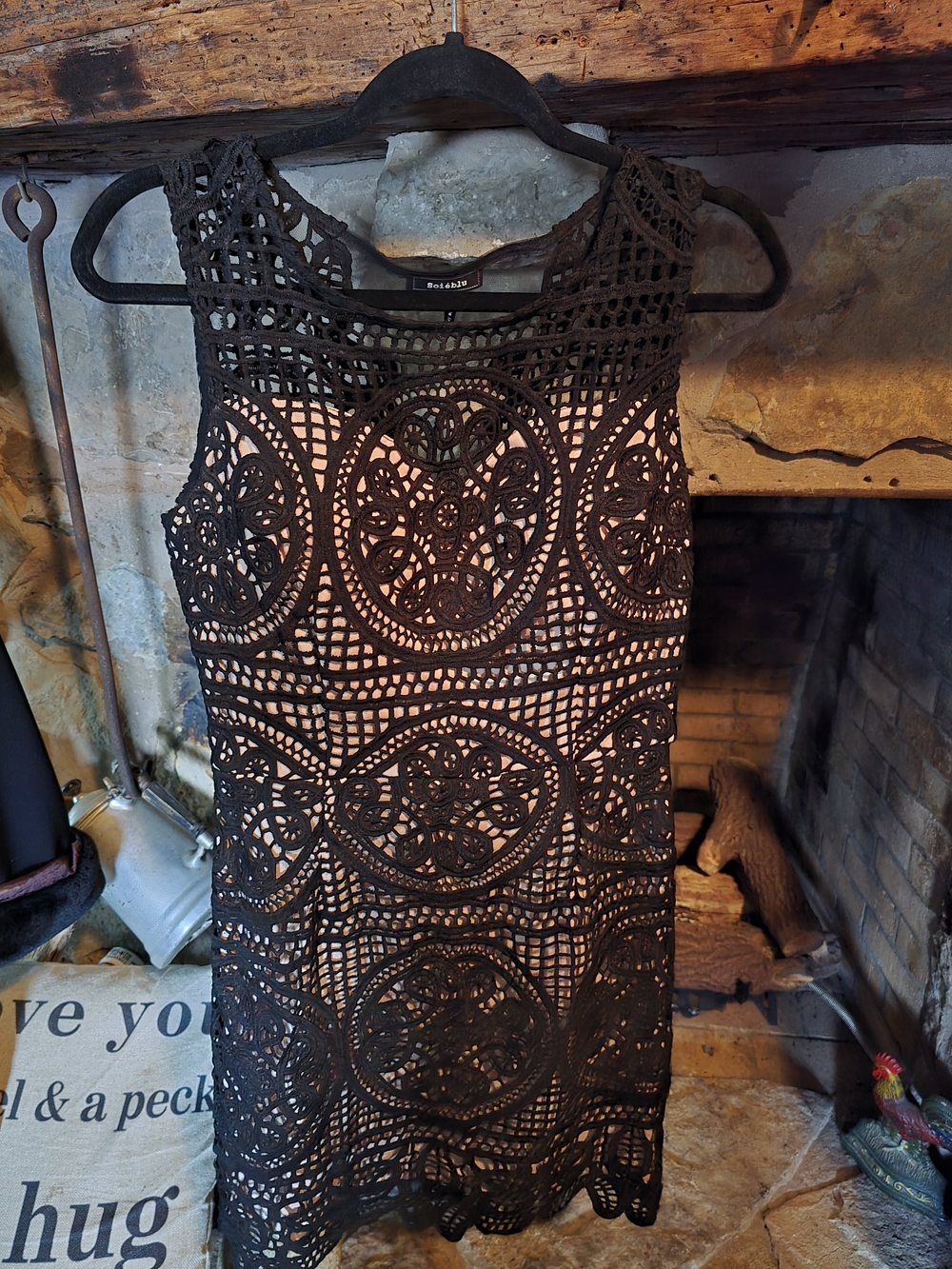 Soieblu Black Geometric Medallion Crochet Lace Overlay Dress Med